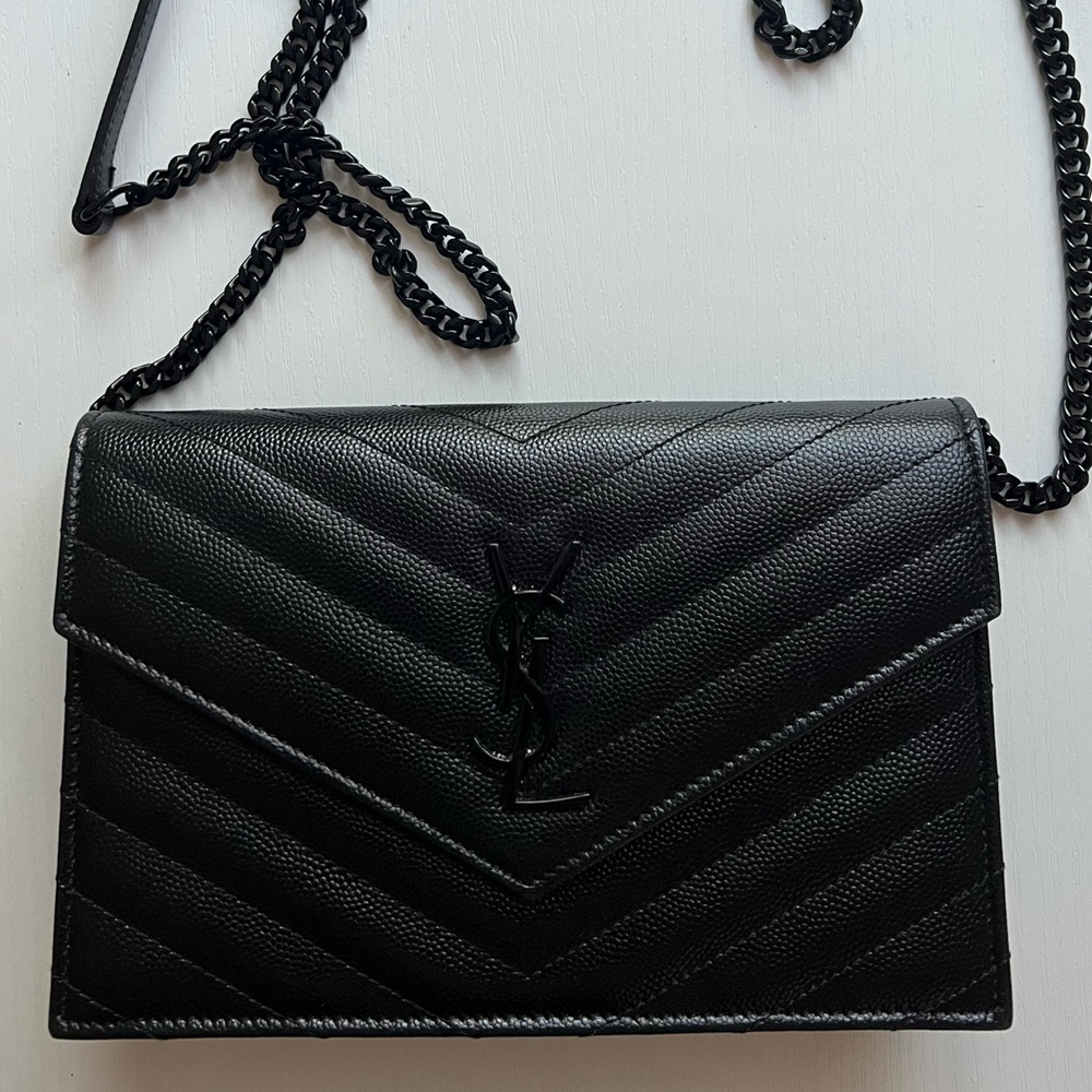 YSL Saint Laurent Black Envelope Flap Wallet on Chain